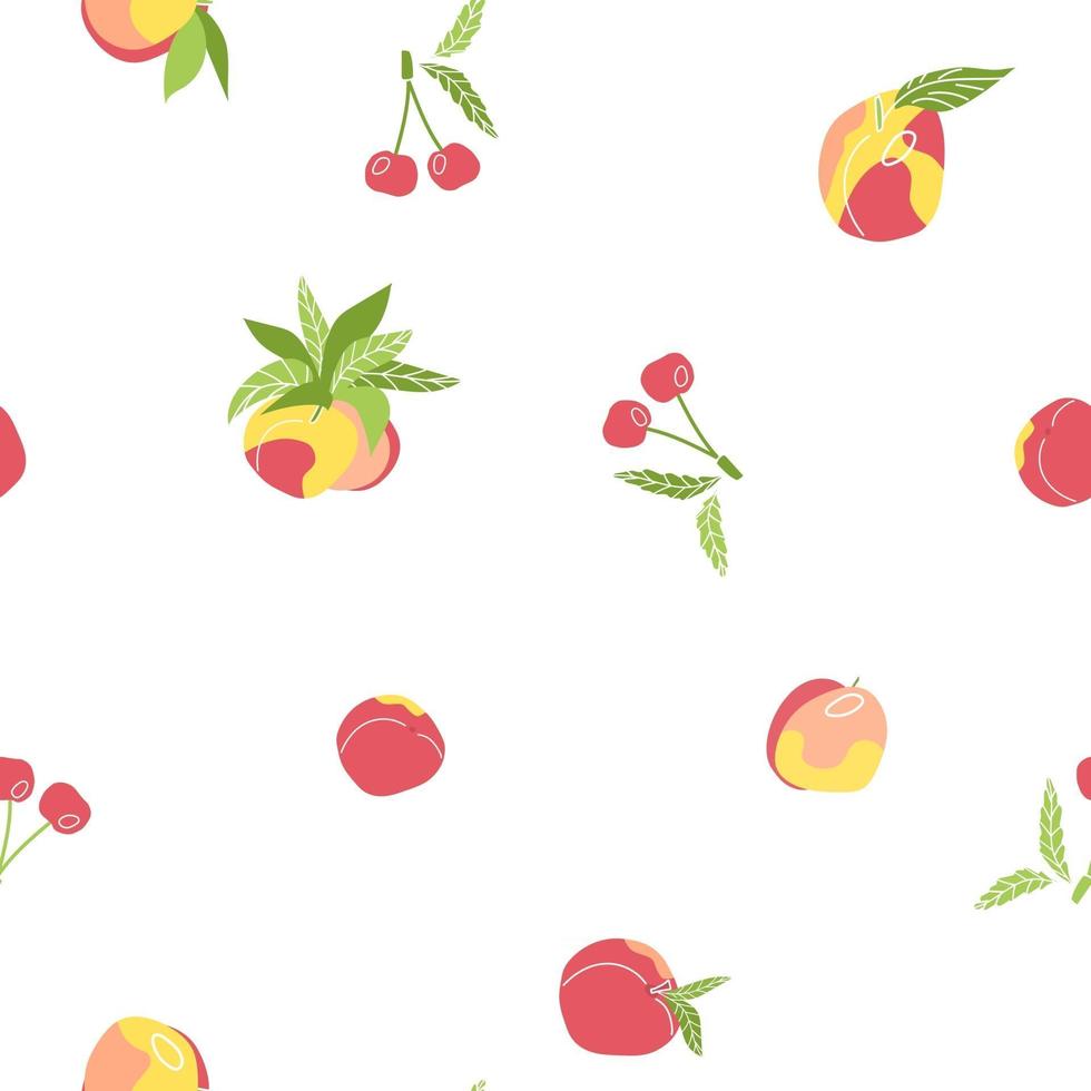 Fresh fruits berries seamless pattern. Vector illustration of isolated cherries, peaches, plums, nectarines with leaves on white background in flat style
