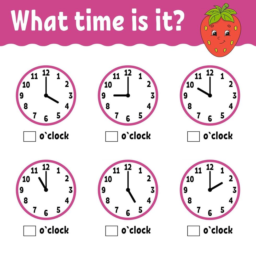 Learning time on the clock. Educational activity worksheet for kids and toddlers. Game for children. Simple flat isolated vector illustration in cute cartoon style.