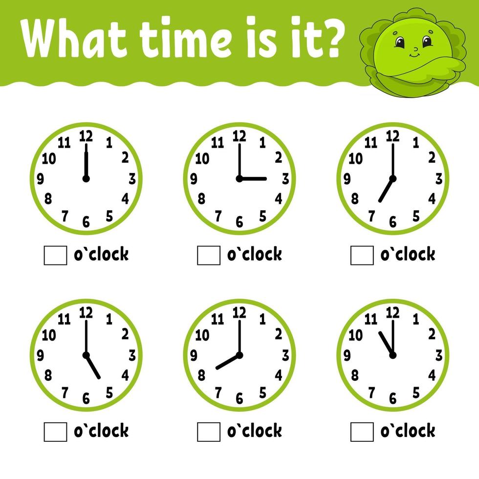 Learning time on the clock. Educational activity worksheet for kids and toddlers. Game for children. Simple flat isolated vector illustration in cute cartoon style.