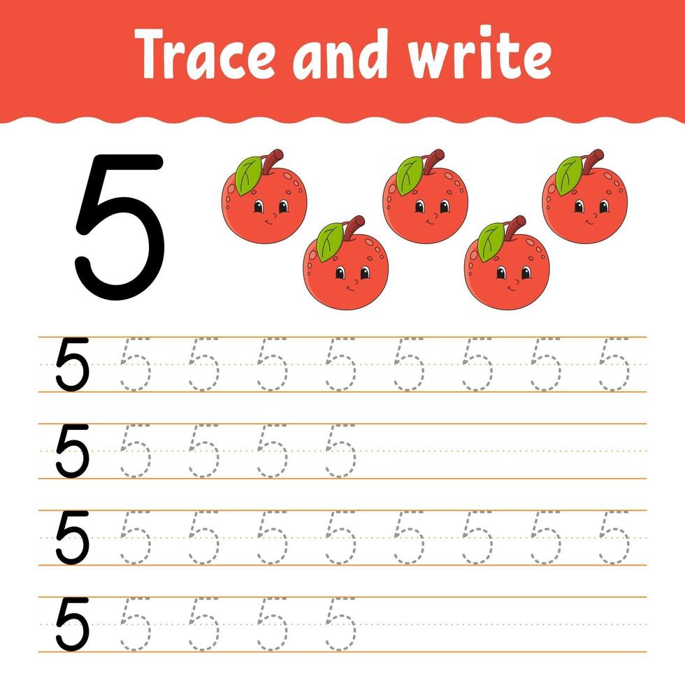 Trace and write. Handwriting practice. Learning numbers for kids. Education developing worksheet. Activity page. Game for toddlers and preschoolers. Isolated vector illustration in cute cartoon style.
