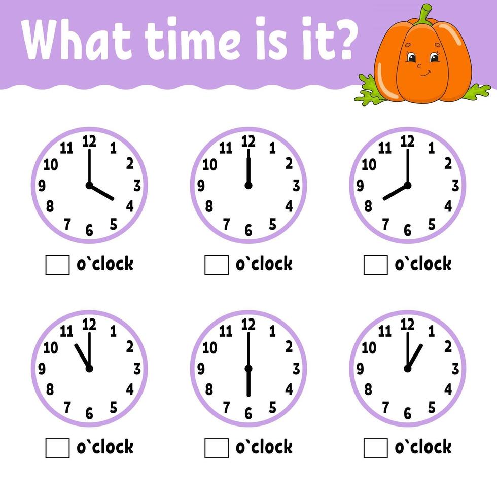 Learning time on the clock. Educational activity worksheet for kids and toddlers. Game for children. Simple flat isolated vector illustration in cute cartoon style.