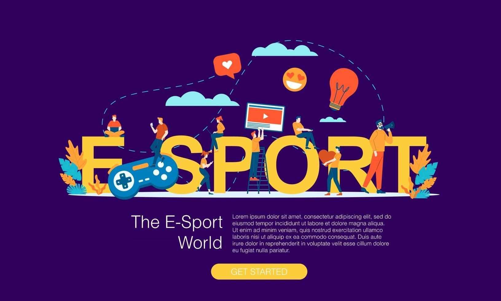 e-sport big letter with tiny people vector flat illustration design banner