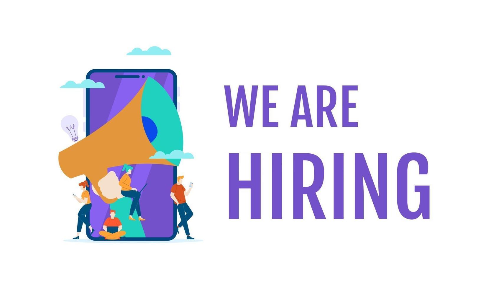 Hiring announcement employee word with small people vector illustration template can be use for presentation web banner UI UX landing page