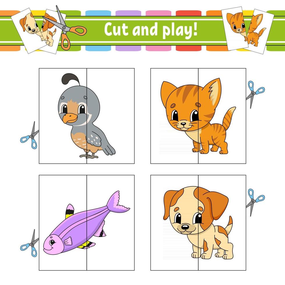 Cut and play. Flash cards. Color puzzle. Education developing worksheet. Activity page. Game for children. Funny character. Isolated vector illustration. Cartoon style.