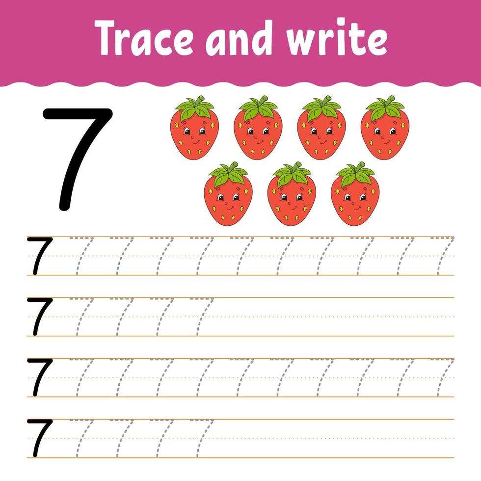 Trace and write. Handwriting practice. Learning numbers for kids. Education developing worksheet. Activity page. Game for toddlers and preschoolers. Isolated vector illustration in cute cartoon style.