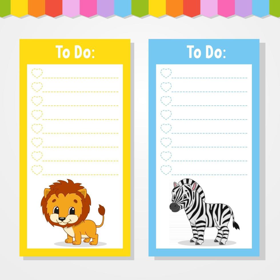 To do list for kids. Empty template. Isolated color vector illustration. Funny character. Cartoon style. For the diary, notebook, bookmark.