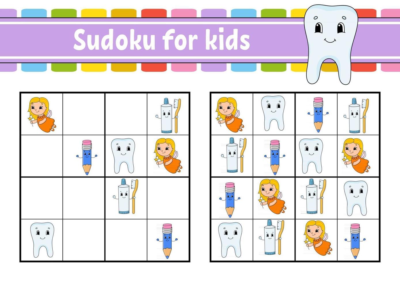 sudoku para niños. hoja de trabajo de desarrollo educativo. página de actividades con imágenes. juego de rompecabezas para niños. entrenamiento del pensamiento lógico. ilustración vectorial aislada. personaje divertido. estilo de dibujos animados. vector