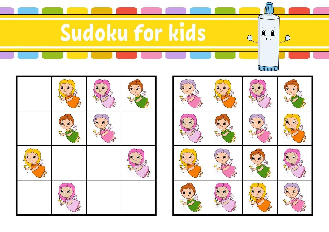 Sudoku for kids. Education developing worksheet. Activity page with pictures. Puzzle game for children. Logical thinking training. Isolated vector illustration. Funny character. Cartoon style.