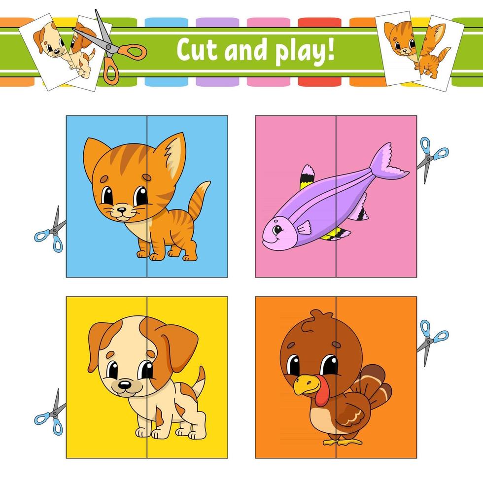 Cut and play. Flash cards. Color puzzle. Education developing worksheet. Activity page. Game for children. Funny character. Isolated vector illustration. Cartoon style.