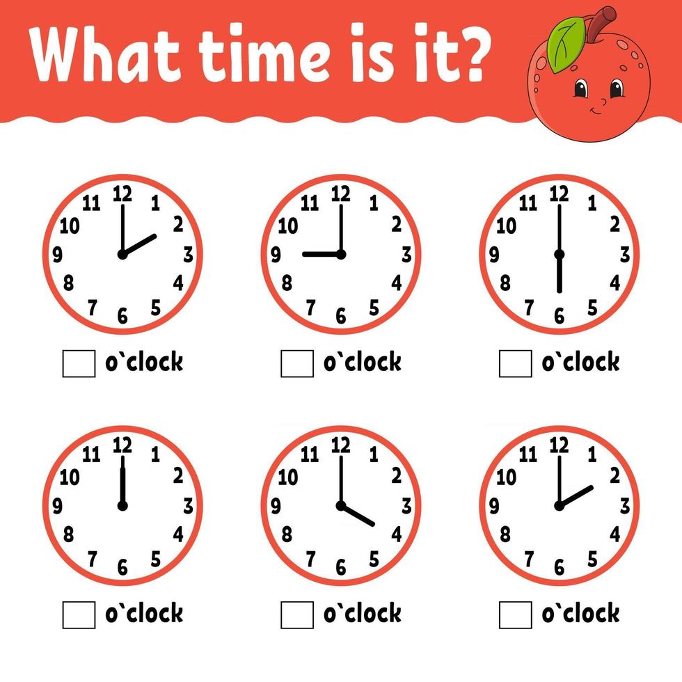 aprender el tiempo en el reloj. hoja de trabajo de actividades educativas para niños y niños pequeños. juego para niños. Ilustración de vector aislado plano simple en estilo de dibujos animados lindo.