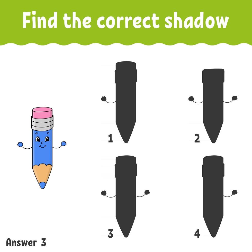 Find the correct shadow. Education developing worksheet. Matching game for kids. Activity page. Puzzle for children. Riddle for preschool. Cute character. Isolated vector illustration. Cartoon style.