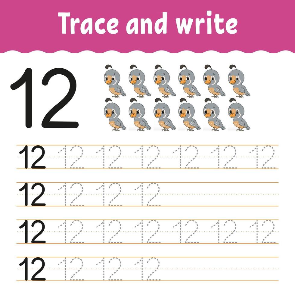 Trace and write. Handwriting practice. Learning numbers for kids. Education developing worksheet. Activity page. Game for toddlers and preschoolers. Isolated vector illustration in cute cartoon style.