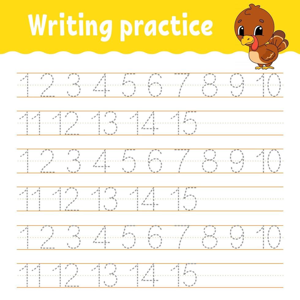 Trace and write. Handwriting practice. Learning numbers for kids. Education developing worksheet. Activity page. Game for toddlers and preschoolers. Isolated vector illustration in cute cartoon style.