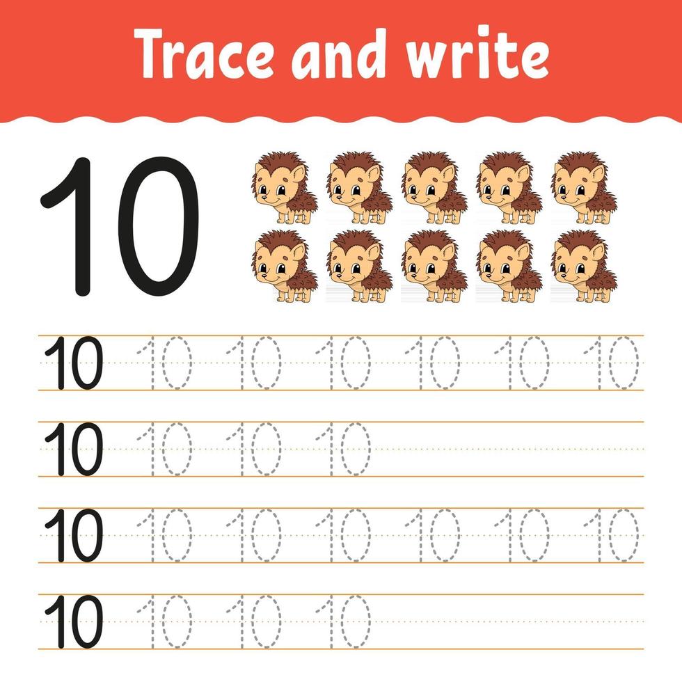 Trace and write. Handwriting practice. Learning numbers for kids. Education developing worksheet. Activity page. Game for toddlers and preschoolers. Isolated vector illustration in cute cartoon style.