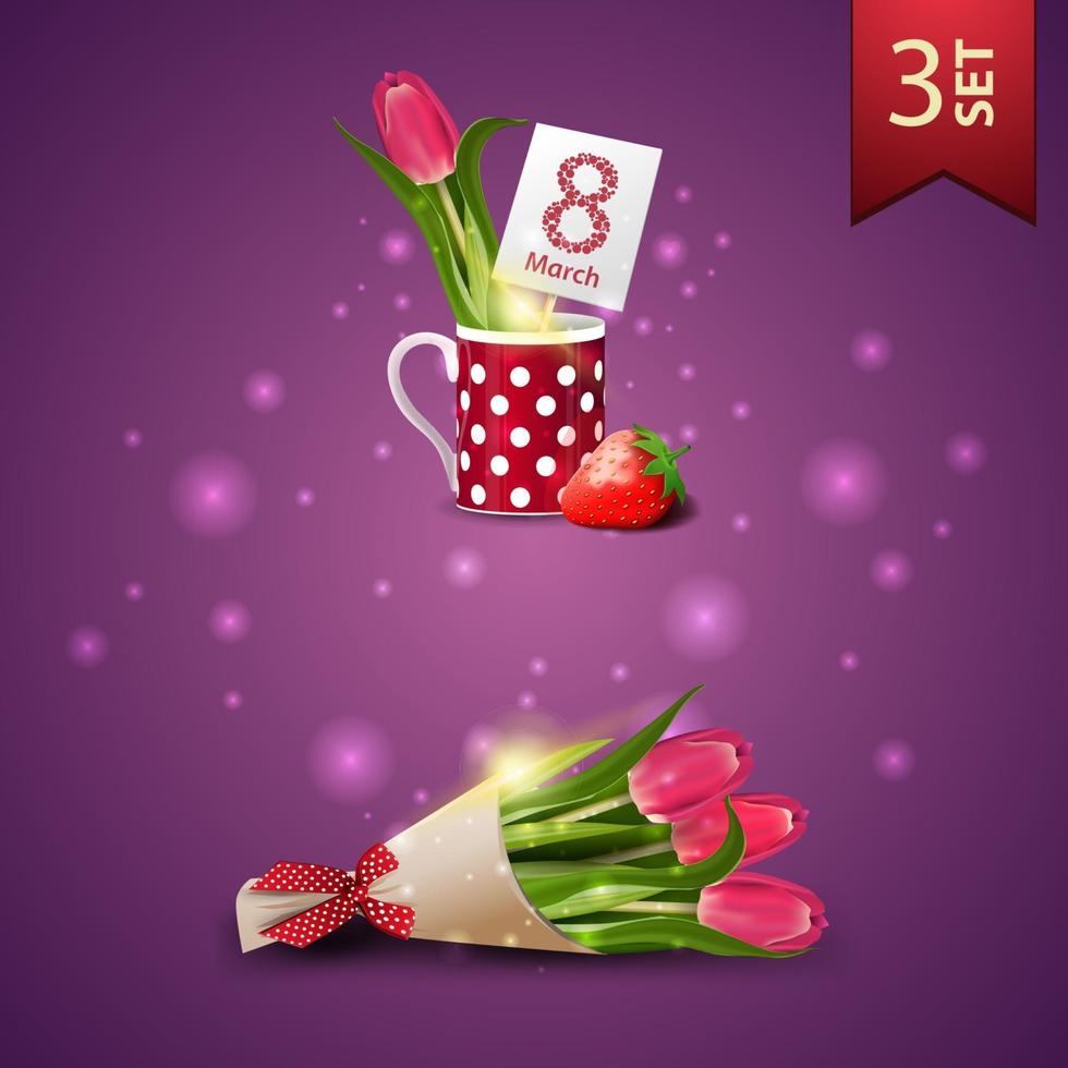 Set of women's day icons, tulip in a mug and bouquet of tulips vector