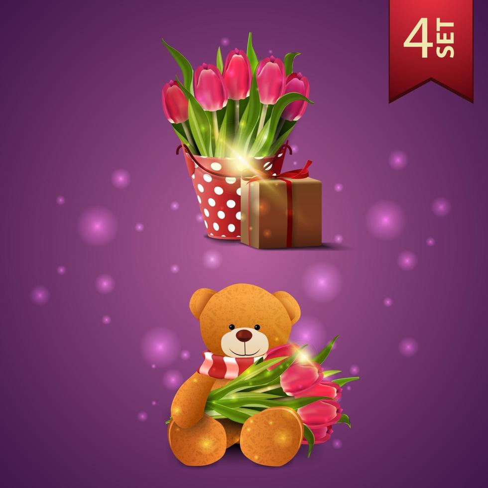 Set of women's day icons, bucket with tulips, gift and Teddy bear with a bouquet of tulips vector