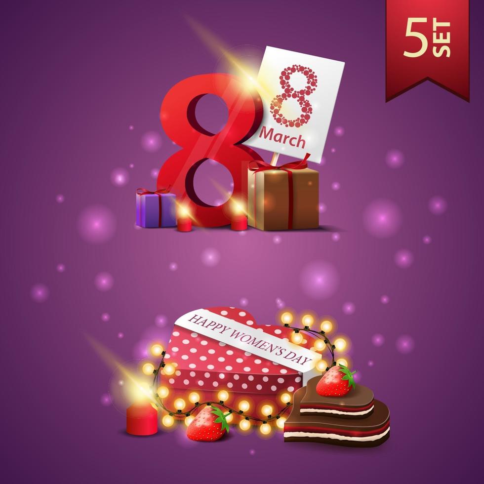 Set of women's day icons, gifts with the number eight and gift in the