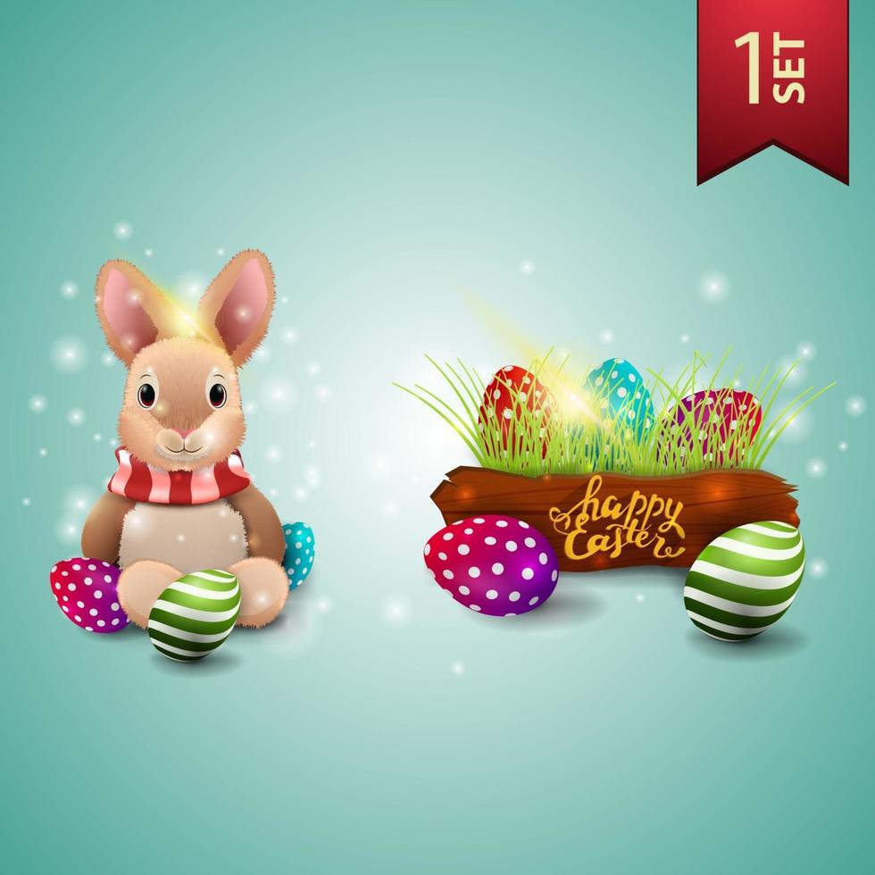 Set of Easter icons, Easter bunny and Easter eggs vector