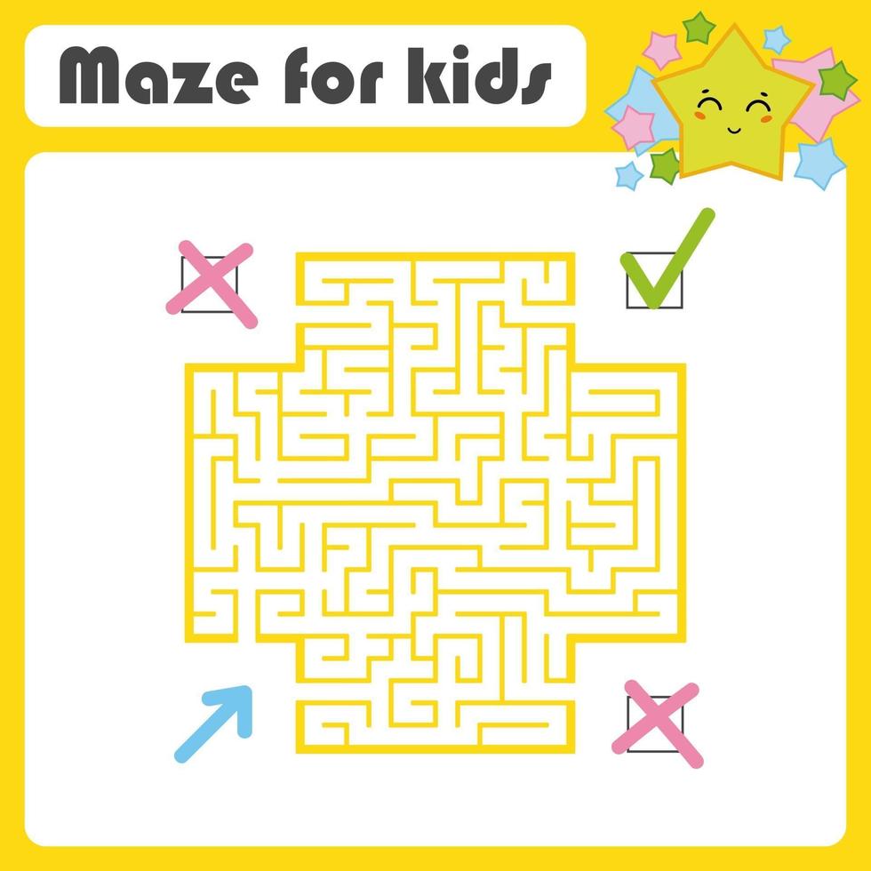 Square color maze. Kids worksheets. Activity page. Game puzzle. Find the right path from the blue arrow to the green check mark. Cute cartoon star. Vector illustration. With place for your image.