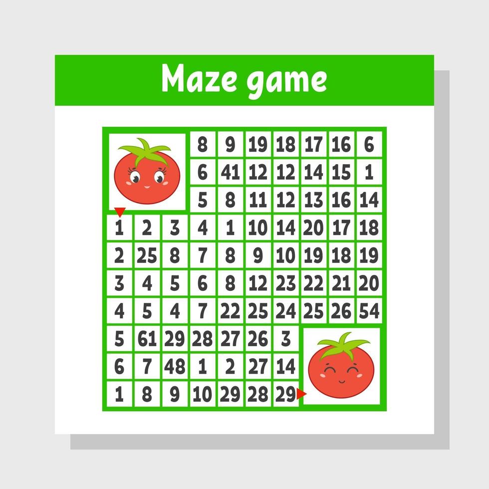 Mathematical colored square maze. Help one tomato get to another. Game for kids. Puzzle for children. The study of numbers. Labyrinth conundrum. Flat vector illustration isolated on white background.