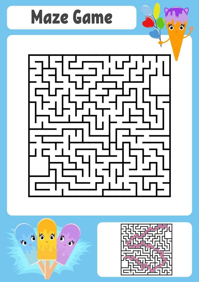 Abstract square maze. Kids worksheets. Game puzzle for children. Cute ice cream. One entrances, one exit. Labyrinth conundrum. Vector illustration. With answer.