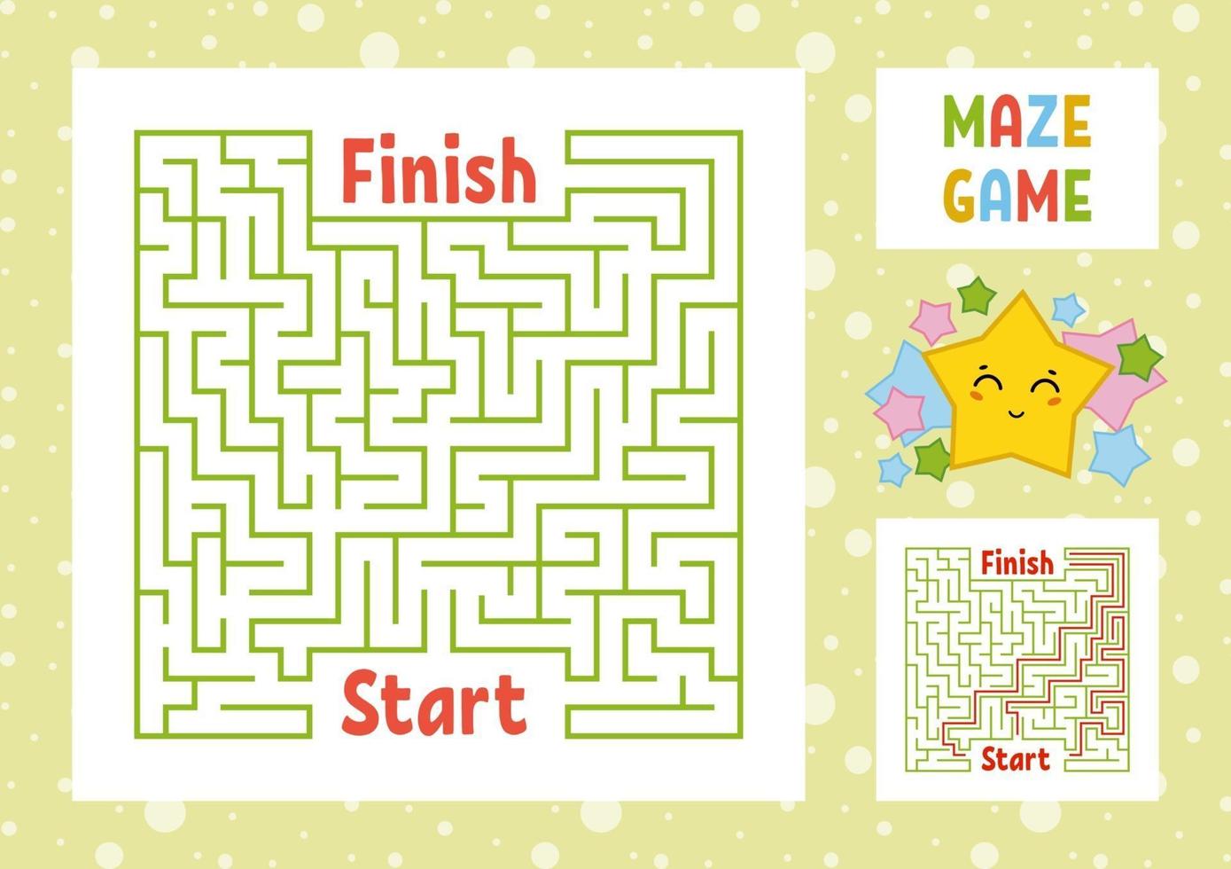 Color square maze. Find the right path from start to finish. Kids worksheets. Activity page. Game puzzle for children. Cute cartoon star. Labyrinth conundrum. Vector illustration. With answer.