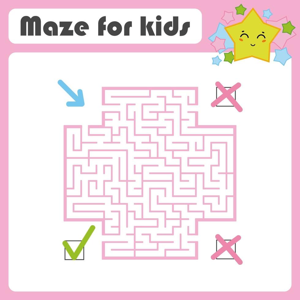 Square color maze. Kids worksheets. Activity page. Game puzzle. Find the right path from the blue arrow to the green check mark. Cute cartoon star. Vector illustration. With place for your image.