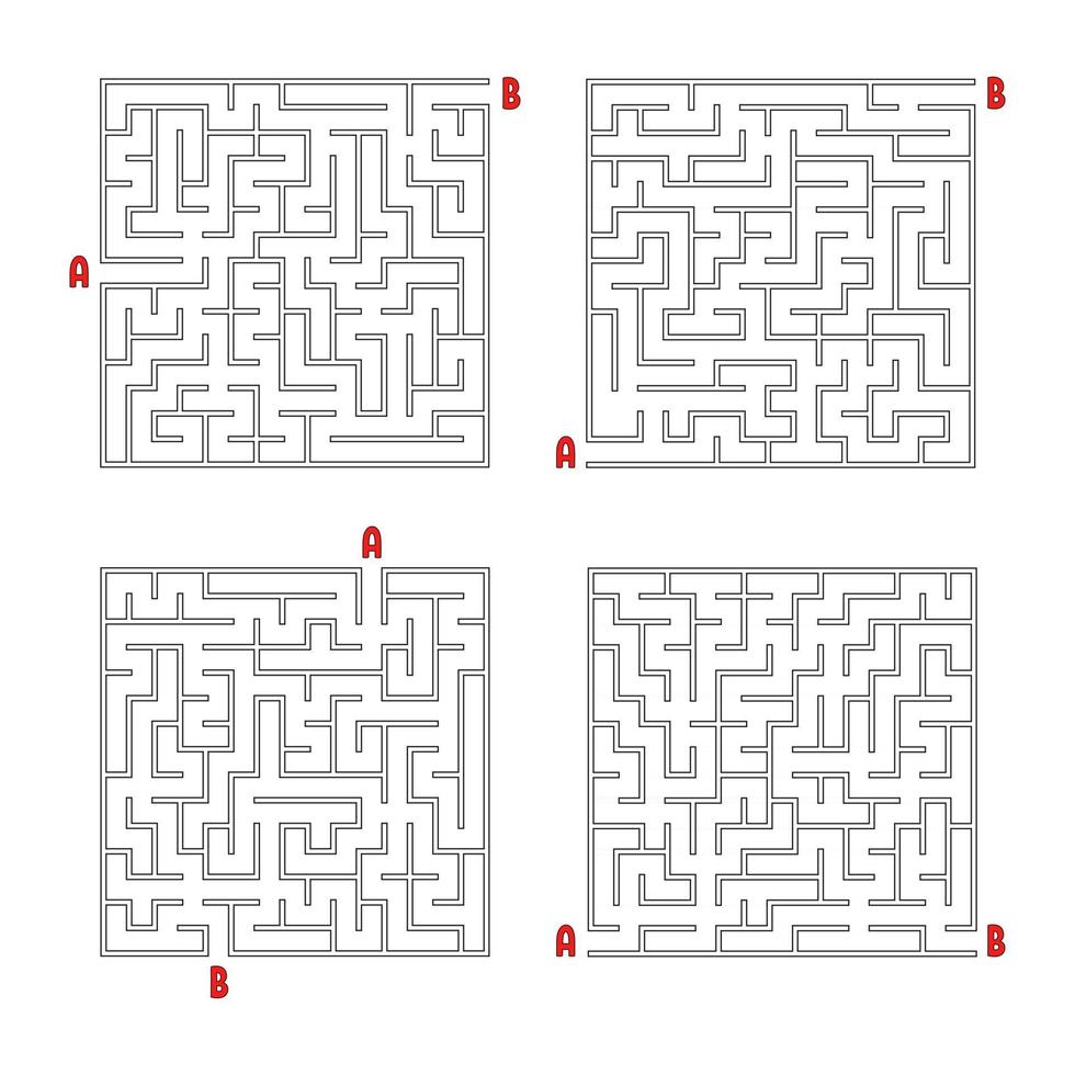 A set of square mazes. Game for kids. Puzzle for children. Labyrinth conundrum. Flat vector illustration isolated on white background.