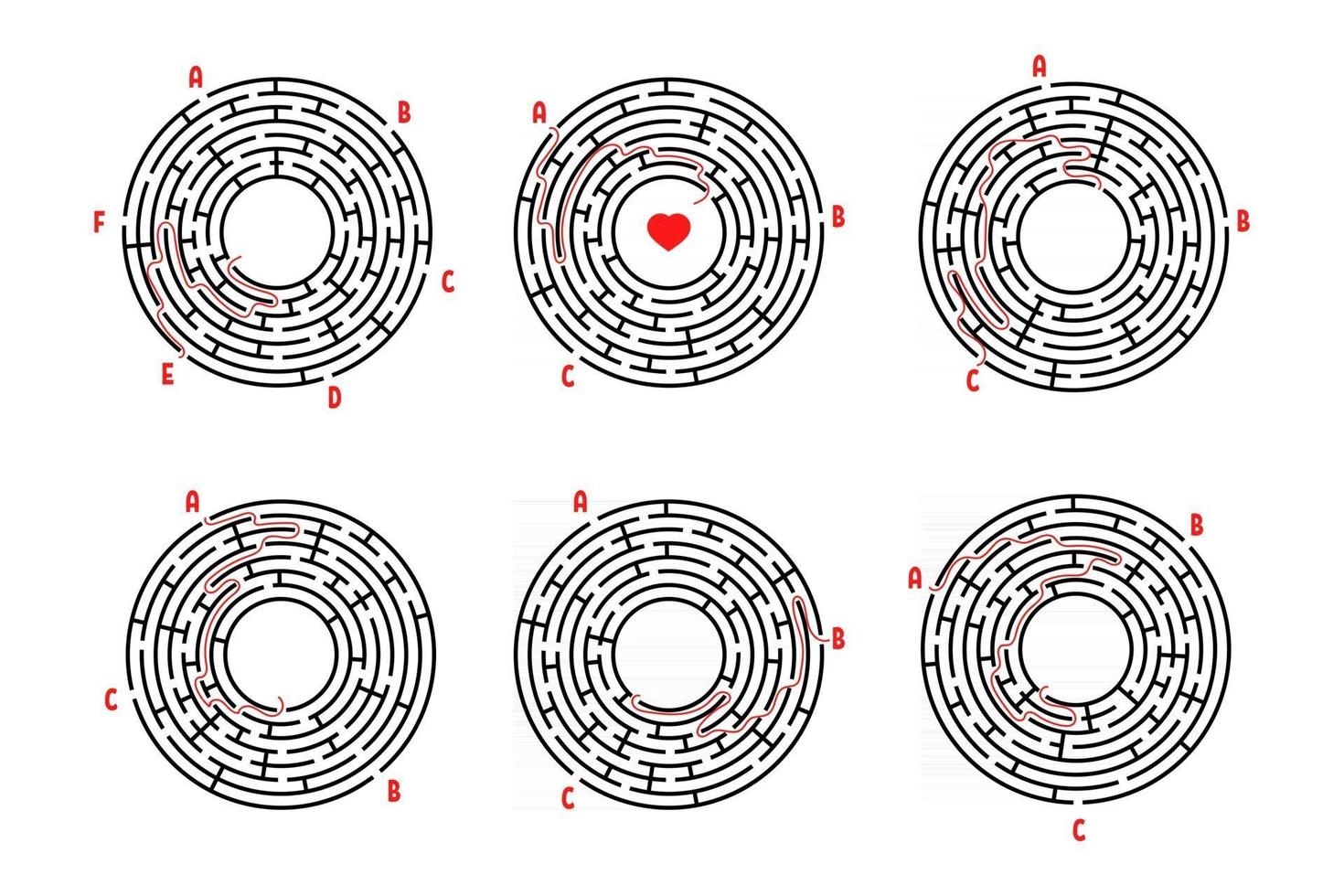 un conjunto de laberintos redondos. juego para niños. rompecabezas para niños. enigma del laberinto. Ilustración de vector plano aislado sobre fondo blanco. con respuesta.