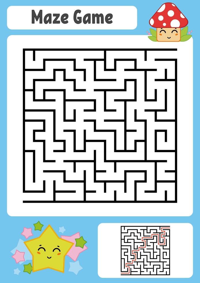 Abstract square maze. Kids worksheets. Game puzzle for children. Cute star and mushroom. One entrances, one exit. Labyrinth conundrum. Vector illustration. With answer.