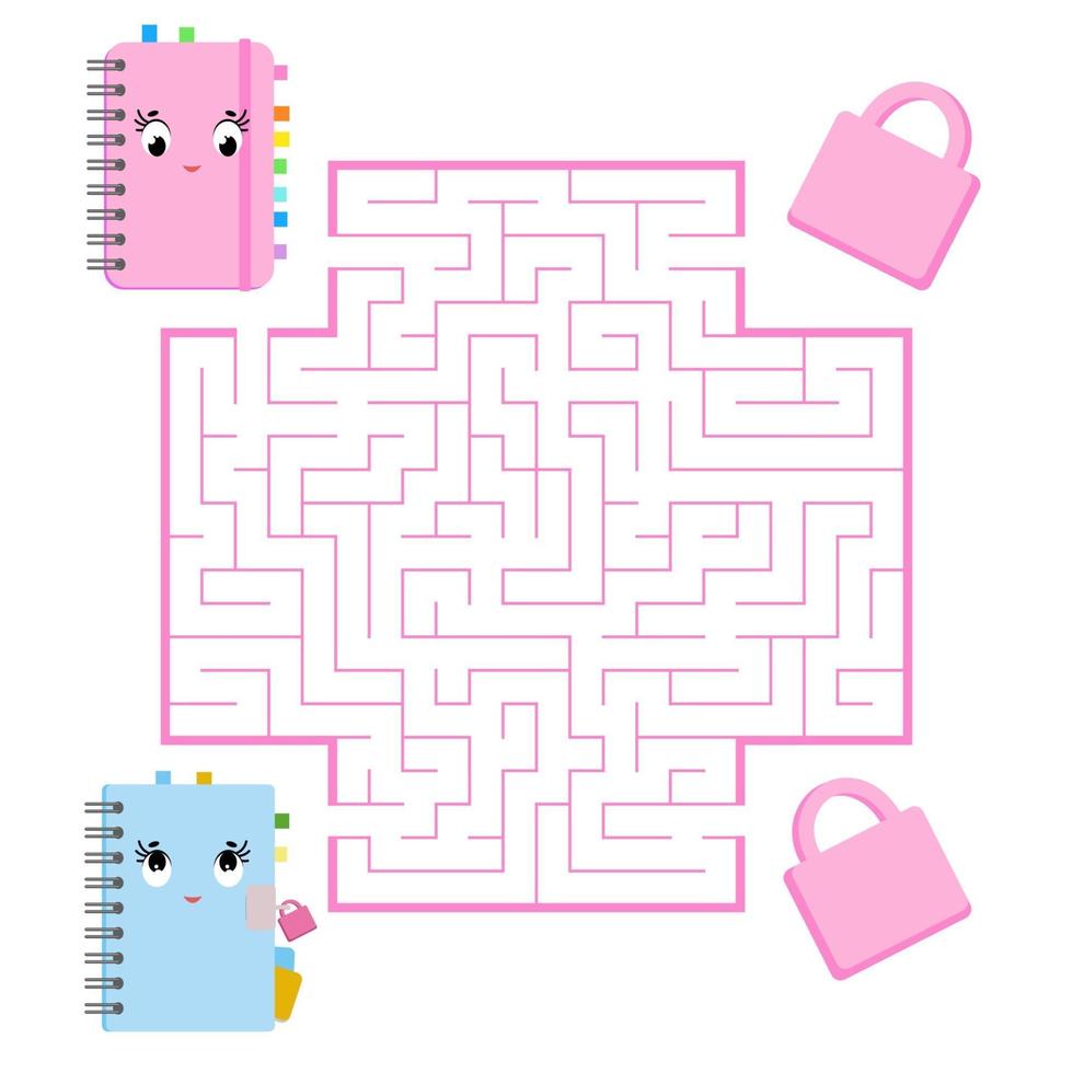 Color square maze. Game for kids. Puzzle for children. Help the cute notebooks to meet. Labyrinth conundrum. Flat vector illustration. Cartoon style.