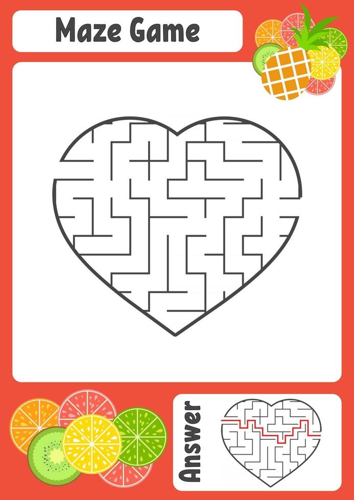 Maze in the shape of a heart. Kids worksheets. Activity page. Game puzzle for children. Appetizing tropical fruits. Labyrinth conundrum. Vector illustration. With answer.