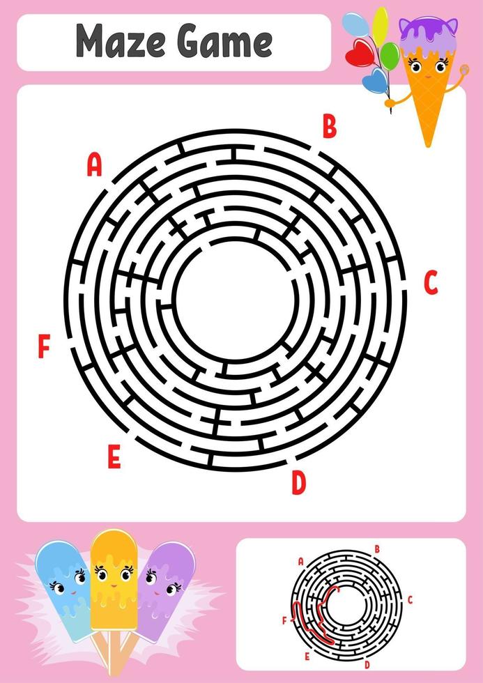 Abstract round maze. Kids worksheets. Game puzzle for children. Cute cartoon ice cream. One entrances, one exit. Labyrinth conundrum. Vector illustration. With answer.