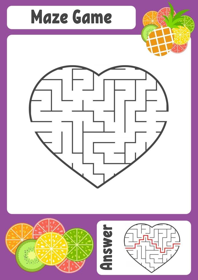 Maze in the shape of a heart. Kids worksheets. Activity page. Game puzzle for children. Appetizing tropical fruits. Labyrinth conundrum. Vector illustration. With answer.