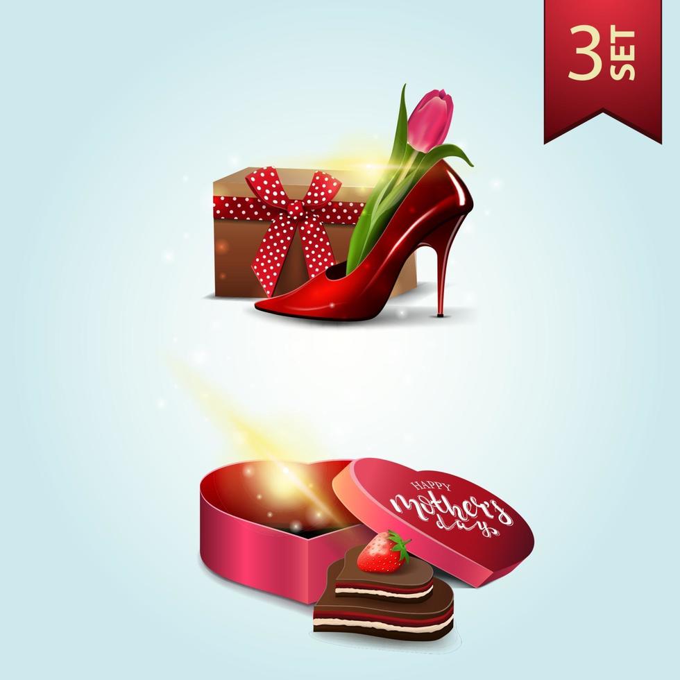 Set of icons for Mother's day, women's Shoe with tulips inside, gift in the shape of a heart and candy vector