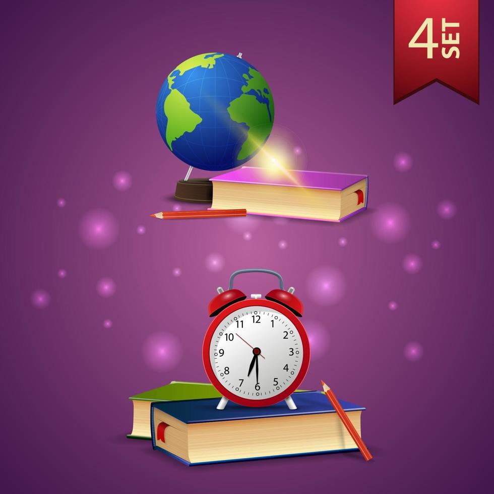 conjunto de iconos 3d de regreso a la escuela, globo, libros de texto escolares, libros escolares y reloj despertador vector