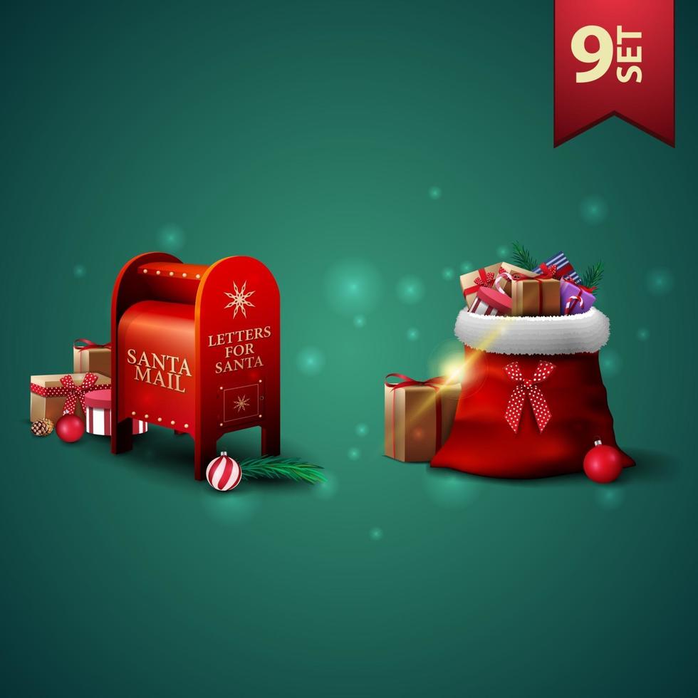 conjunto de iconos 3d de navidad, bolsa de santa claus con regalos y buzón de santa con regalos vector