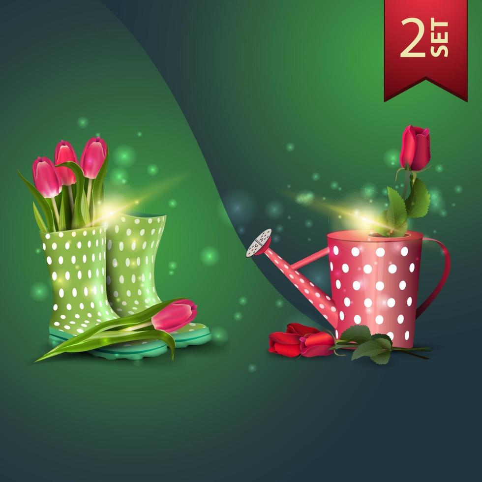 Set of icons for spring celebrations, tulips in women's rubber boots and rose in the watering can vector