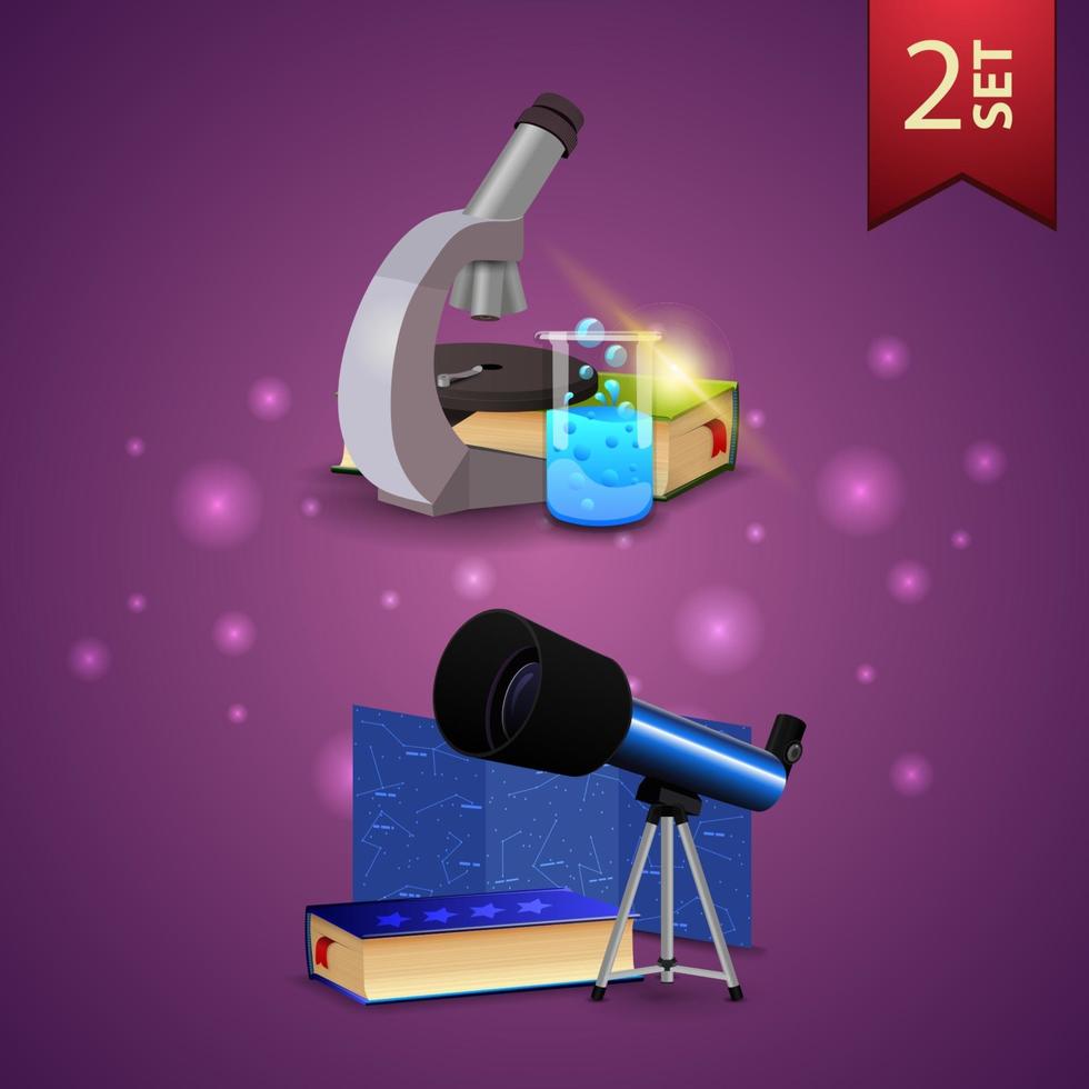 Set of back to school 3D icons, microscope, books, chemical flask, telescope, map of the constellations and the encyclopedia of astronomy vector