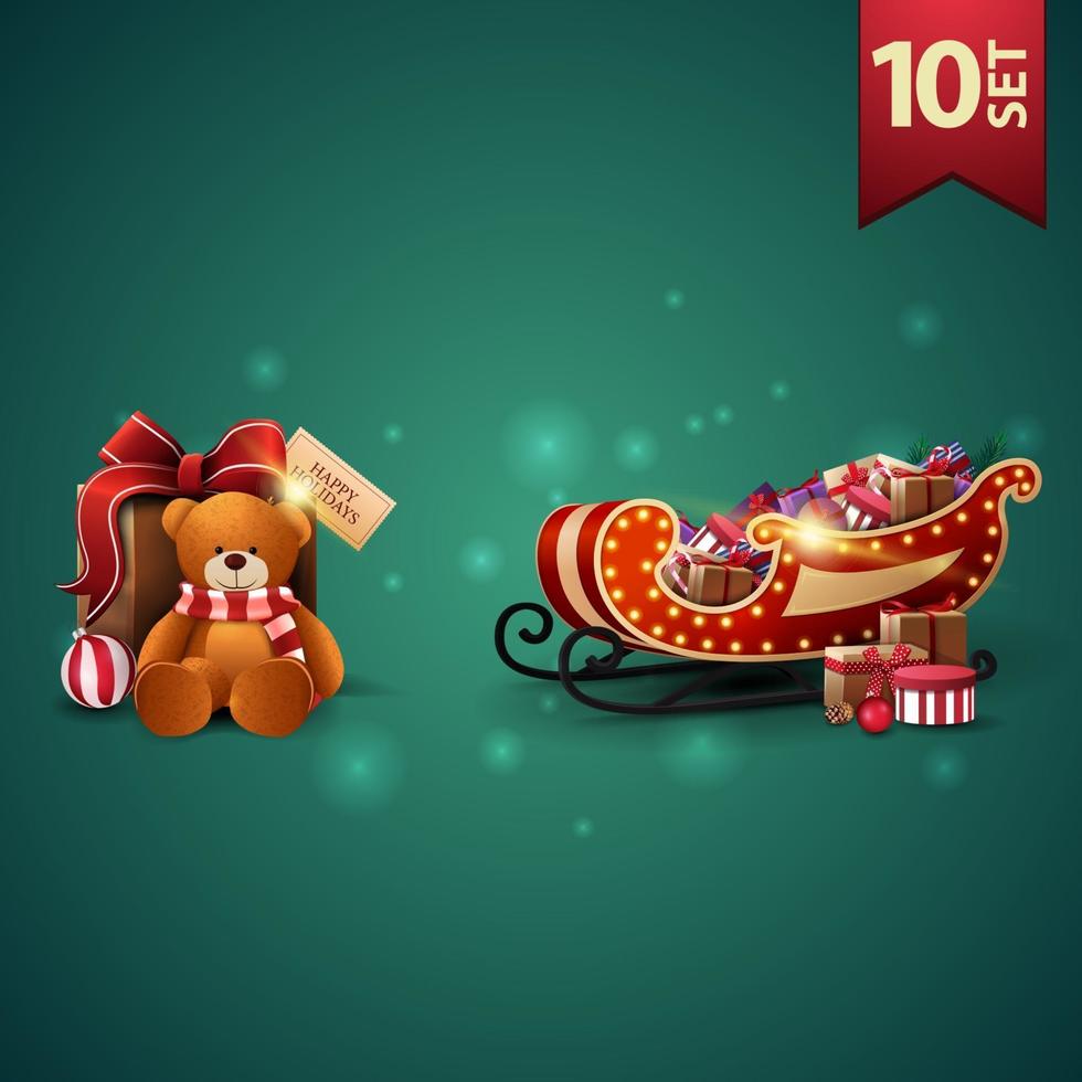 conjunto de iconos 3d de navidad, trineo de santa con regalos y presente con osito de peluche vector