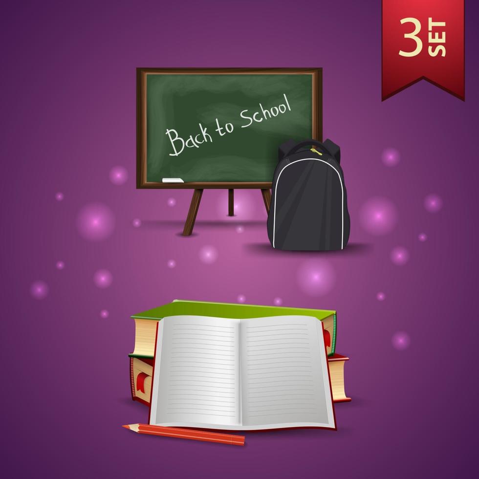 Set of back to school 3D icons, school Board, school backpack, school textbooks and notebook vector