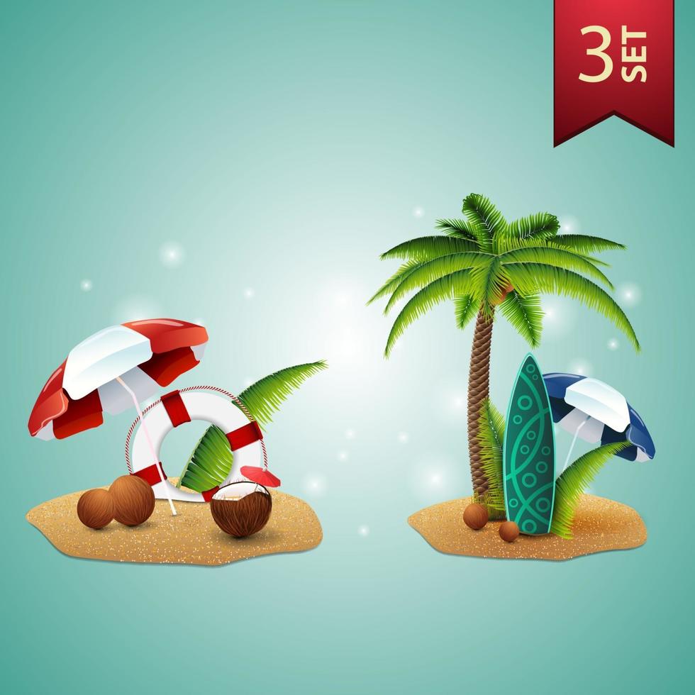 Set of 3D volumetric summer icons for your arts, coconut cocktail, beach umbrella, lifeline, palm, coconuts, beach umbrella and surf Board vector
