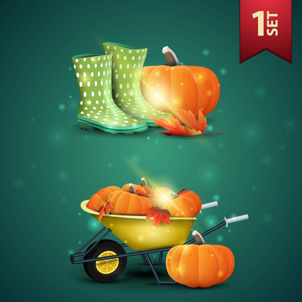 Set of autumns 3D icons, rubber boots, pumpkin, garden wheelbarrow with a harvest of pumpkins and autumn leaves vector