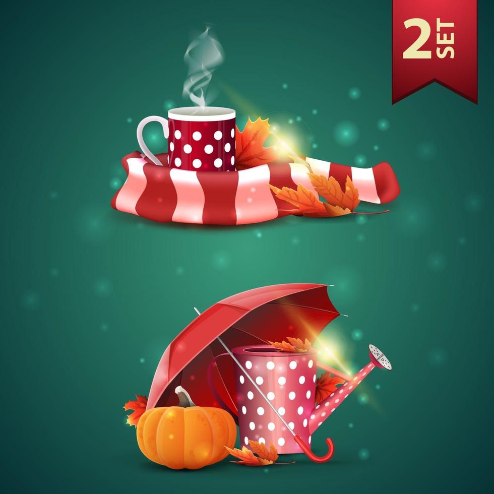 Set of autumns 3D icons, mug of hot tea, warm scarf, garden watering can, umbrella and ripe pumpkin vector