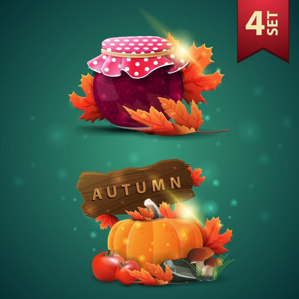 Set of autumns 3D icons, jar of jam, maple leaves, harvest of vegetables and a wooden sign vector