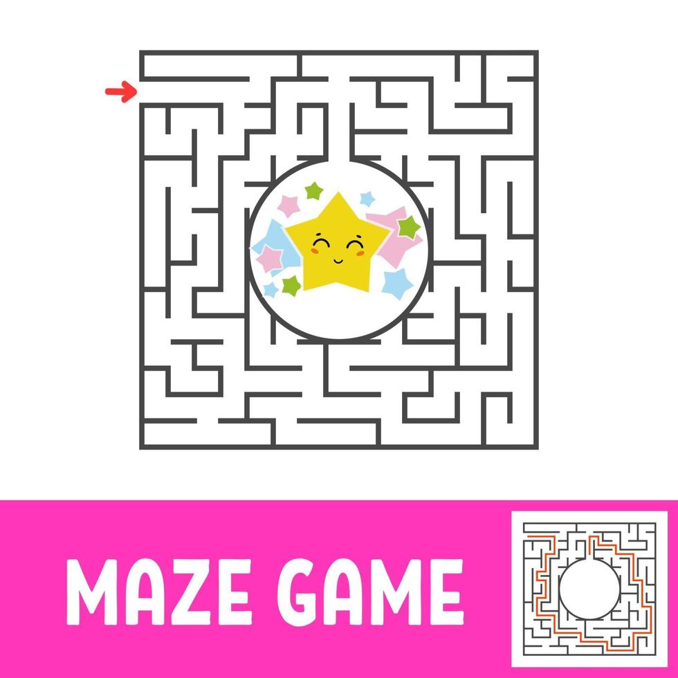 Color square maze. Game for kids. Puzzle for children. Find the way to the cute star. Labyrinth conundrum. Flat vector illustration isolated on white background. With the answer.