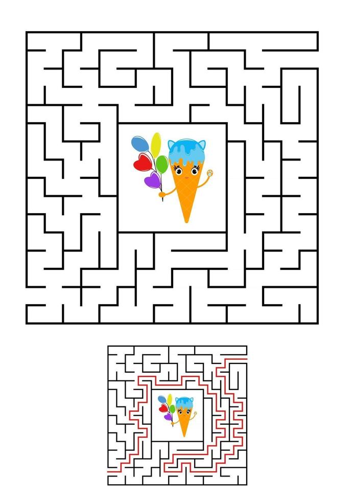 Abstract square maze. Kids worksheets. Game puzzle for children. Cute ice cream on a white background. One entrances, one exit. Labyrinth conundrum. Vector illustration. With the answer.