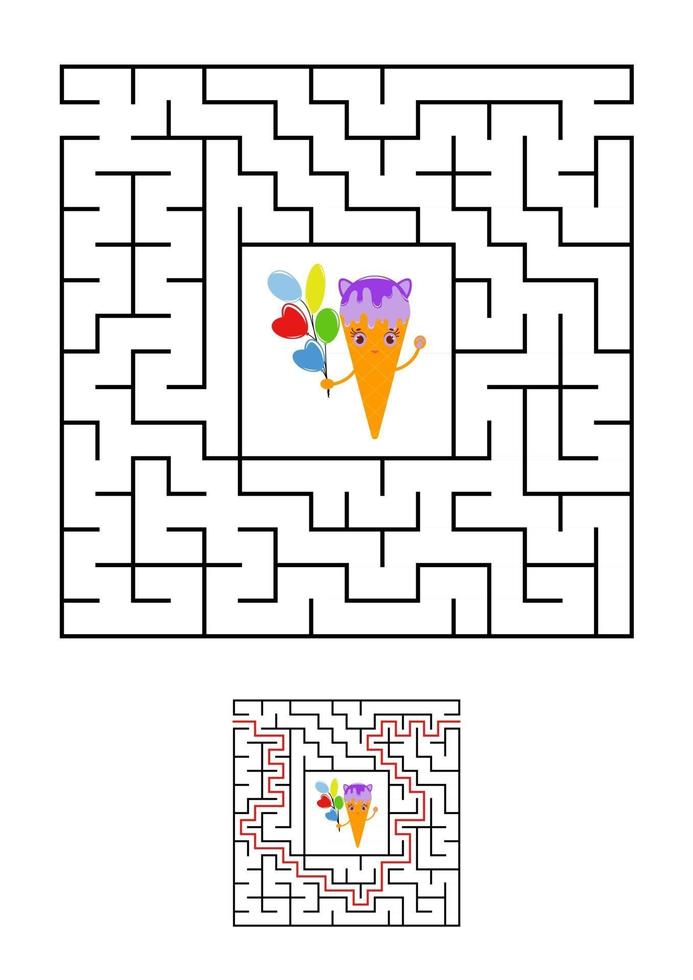 Abstract square maze. Kids worksheets. Game puzzle for children. Cute ice cream on a white background. One entrances, one exit. Labyrinth conundrum. Vector illustration. With the answer.