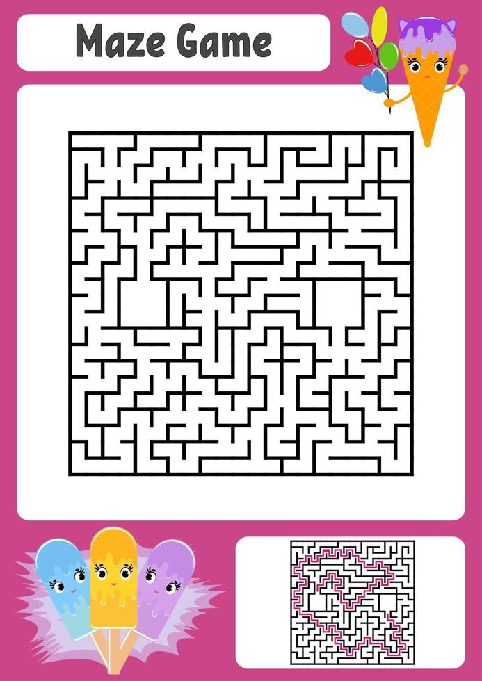 Abstract square maze. Kids worksheets. Game puzzle for children. Cute ice cream. One entrances, one exit. Labyrinth conundrum. Vector illustration. With answer.