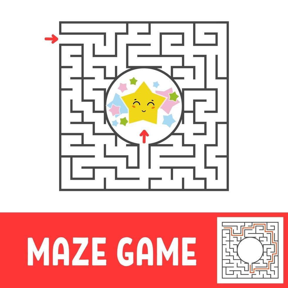 Color square maze. Game for kids. Puzzle for children. Find the way to the cute star. Labyrinth conundrum. Flat vector illustration isolated on white background. With the answer.